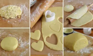 Preparazione della pasta frolla classica: impasto, stesura, ritaglio a forma di cuore e blocco pronto per essere usato.