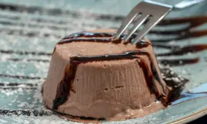 Un delizioso semifreddo al cioccolato, guarnito con sciroppo al cioccolato e spolverato di zucchero a velo, pronto per essere gustato con una forchetta.
