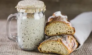 Un barattolo di lievito madre attivo e fette di pane rustico, pronti per creare deliziosi impasti. Ecco come si fa il lievito madre.