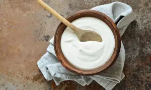 Ciotola di terracotta con cremoso yogurt fatto in casa, un cucchiaio di legno appoggiato sopra, su un tovagliolo grigio.