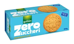 Scatola di biscotti Gullón Zero Zuccheri Digestive. Perfetti per uno snack leggero e gustoso, questi biscotti senza zucchero sono ideali per chi cerca un'opzione salutare.