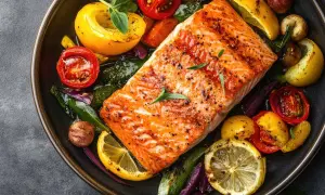 Succulento salmone in friggitrice ad aria, cotto alla perfezione, servito con verdure colorate e spicchi di limone.