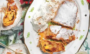 Delizioso strudel di mele, spolverato di zucchero a velo e servito con panna montata. Perfetto per la tua ricetta strudel di mele.