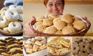 Varietà di biscotti da inzuppo: ciambelline zuccherate, palline dorate, biscotti a fette con gocce di cioccolato e forme floreali.