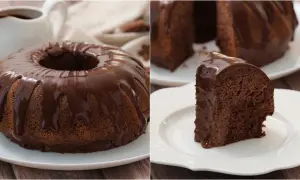 Un goloso ciambellone al cioccolato, intero e una fetta, ricoperti da glassa lucida.