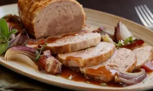 Un succulento arrosto di tacchino, affettato e nappato con salsa, servito con cipolle rosse caramellate e rosmarino.