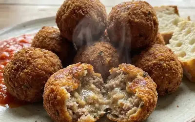 Polpette al forno dorate e croccanti, una aperta rivela un interno succulento. Servite con salsa rossa e pane.