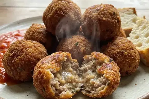 Polpette al forno dorate e croccanti, una aperta rivela un interno succulento. Servite con salsa rossa e pane.