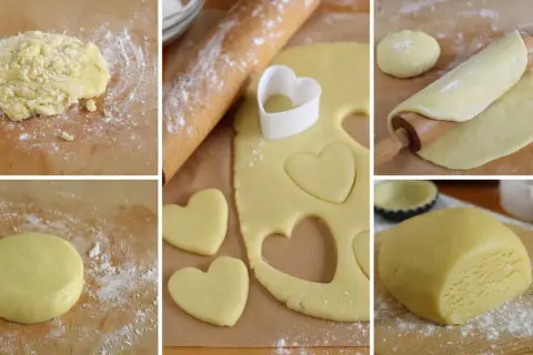 Preparazione della pasta frolla classica: impasto, stesura, ritaglio a forma di cuore e blocco pronto per essere usato.