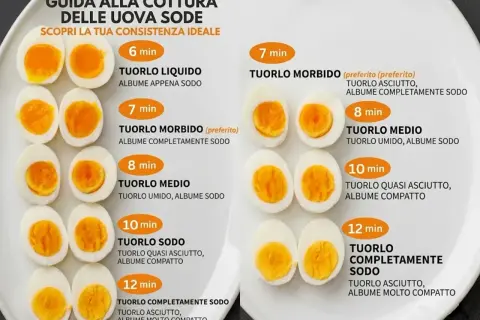Guida su come cucinare le uova sode: mostra diverse cotture da 6 a 12 minuti, con tuorli liquidi, morbidi, medi o sodi.