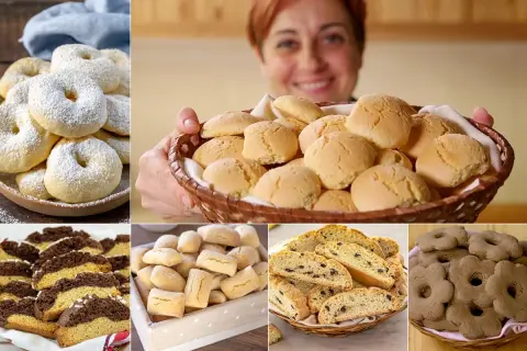 Varietà di biscotti da inzuppo: ciambelline zuccherate, palline dorate, biscotti a fette con gocce di cioccolato e forme floreali.