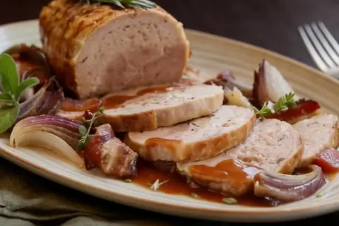 Un succulento arrosto di tacchino, affettato e nappato con salsa, servito con cipolle rosse caramellate e rosmarino.