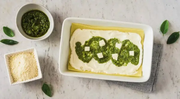 Lasagne al pesto in preparazione: strati di pasta, besciamella, pesto e cubetti di formaggio. Accanto, ciotole con pesto e parmigiano grattugiato.