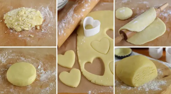 Preparazione della pasta frolla classica: impasto, stesura, ritaglio a forma di cuore e blocco pronto per essere usato.