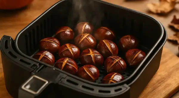 Castagne arrostite nella friggitrice ad aria, con il loro tipico taglio a croce, emanano un leggero vapore.