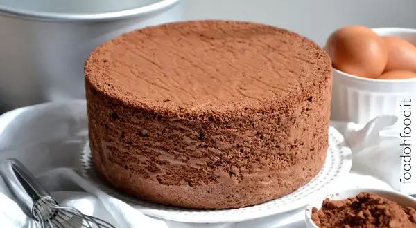 Un soffice pan di spagna al cacao, pronto per essere farcito. Ingredienti freschi come uova e cacao in polvere completano la scena.