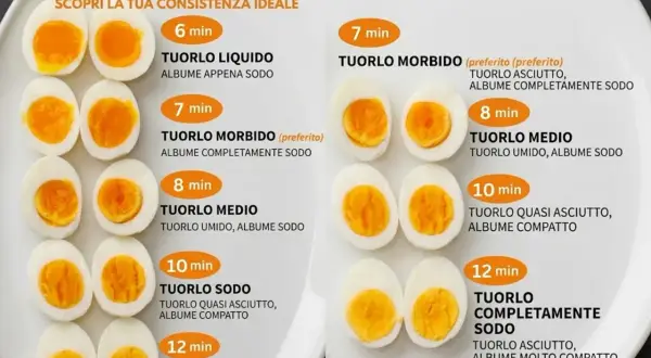 Guida su come cucinare le uova sode: mostra diverse cotture da 6 a 12 minuti, con tuorli liquidi, morbidi, medi o sodi.