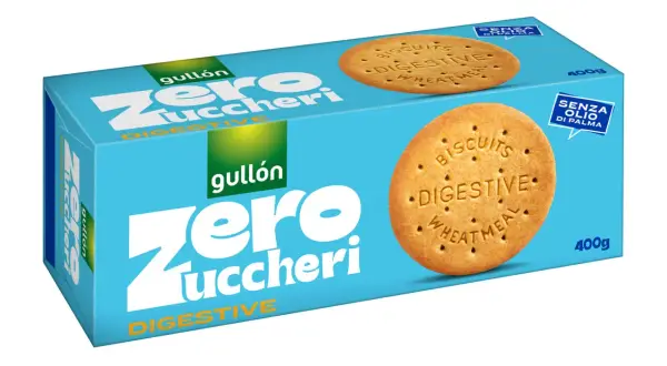 Scatola di biscotti Gullón Zero Zuccheri Digestive. Perfetti per uno snack leggero e gustoso, questi biscotti senza zucchero sono ideali per chi cerca un'opzione salutare.