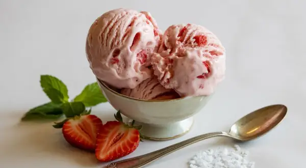 Coppa di cremoso gelato alla fragola, guarnita con fragole fresche e menta.