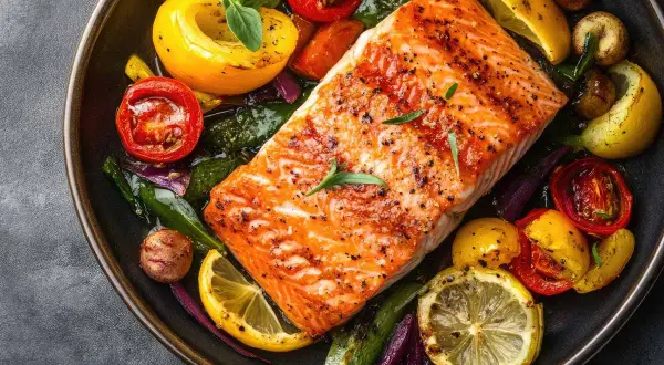 Succulento salmone in friggitrice ad aria, cotto alla perfezione, servito con verdure colorate e spicchi di limone.