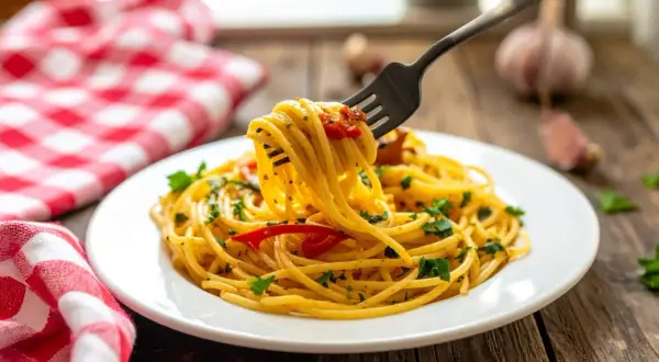 Un piatto di spaghetti alla carrettiera fumante, conditi con pomodoro e prezzemolo, pronti per essere gustati.