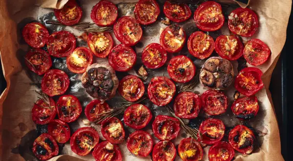 Pomodorini al forno, caramellati e profumati al rosmarino, con teste d'aglio arrostite.
