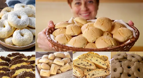 Varietà di biscotti da inzuppo: ciambelline zuccherate, palline dorate, biscotti a fette con gocce di cioccolato e forme floreali.