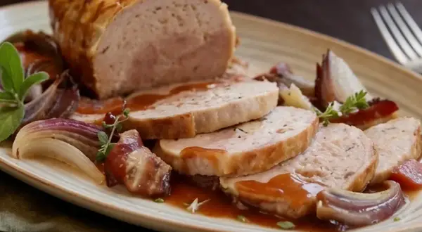 Un succulento arrosto di tacchino, affettato e nappato con salsa, servito con cipolle rosse caramellate e rosmarino.