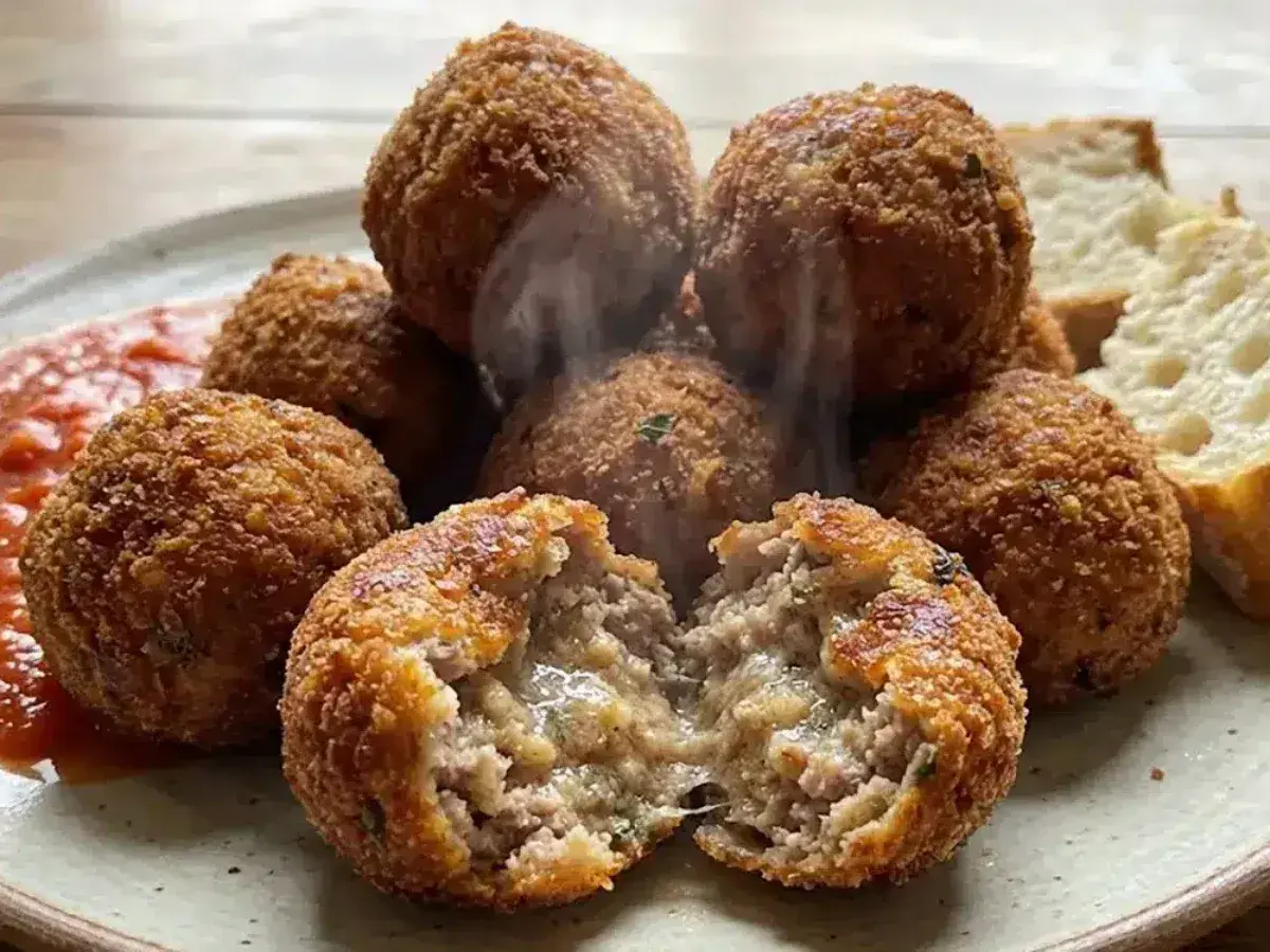 Polpette al forno dorate e croccanti, una aperta rivela un interno succulento. Servite con salsa rossa e pane.