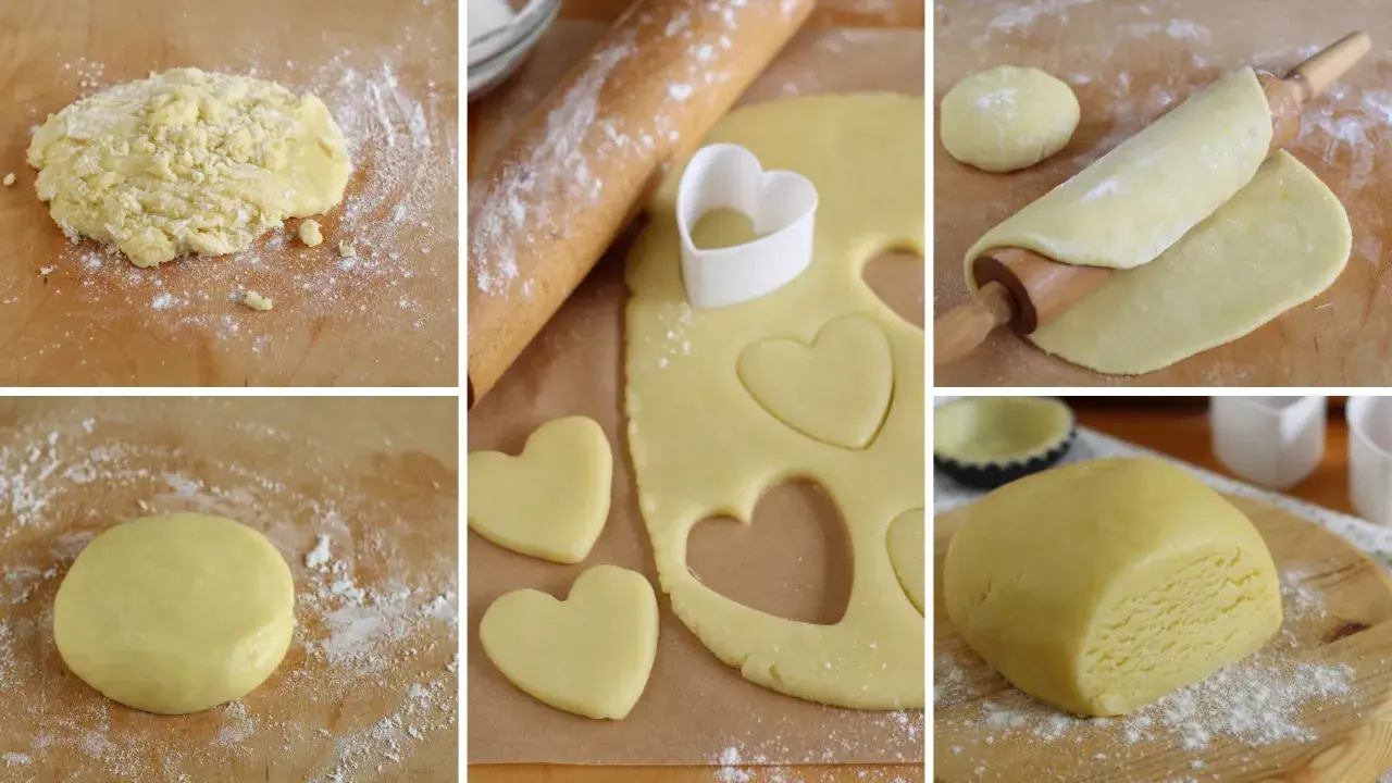Preparazione della pasta frolla classica: impasto, stesura, ritaglio a forma di cuore e blocco pronto per essere usato.