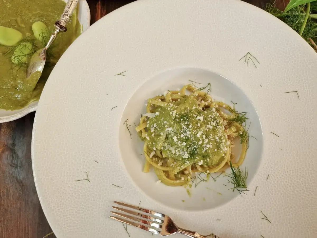 Un piatto di pasta condita con un cremoso macco di fave fresche, guarnito con aneto e formaggio grattugiato.