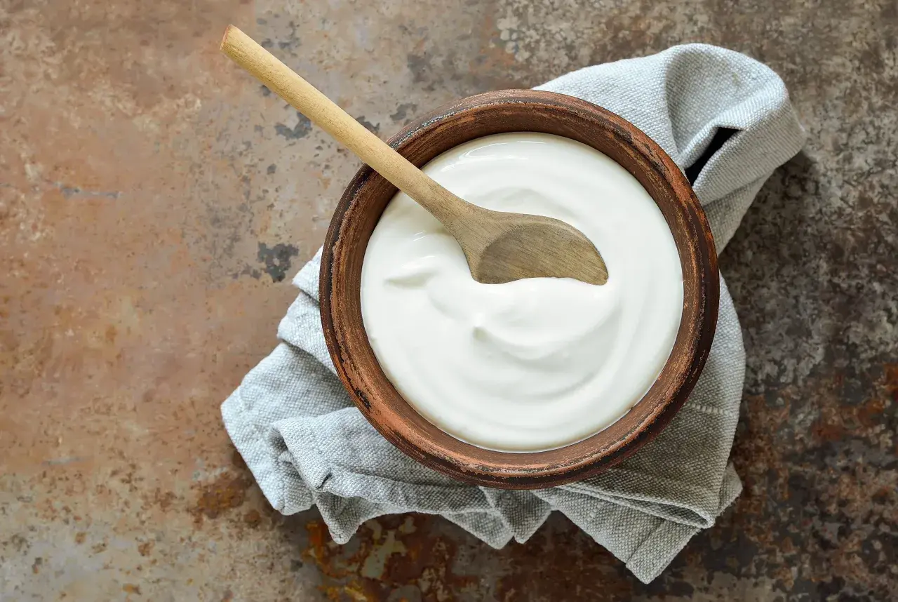 Ciotola di terracotta con cremoso yogurt fatto in casa, un cucchiaio di legno appoggiato sopra, su un tovagliolo grigio.