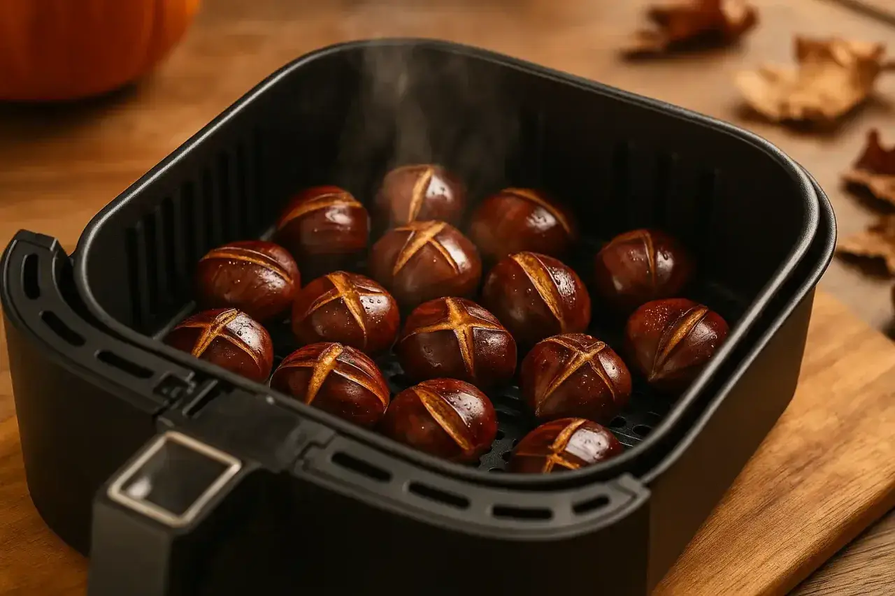 Castagne arrostite nella friggitrice ad aria, con il loro tipico taglio a croce, emanano un leggero vapore.