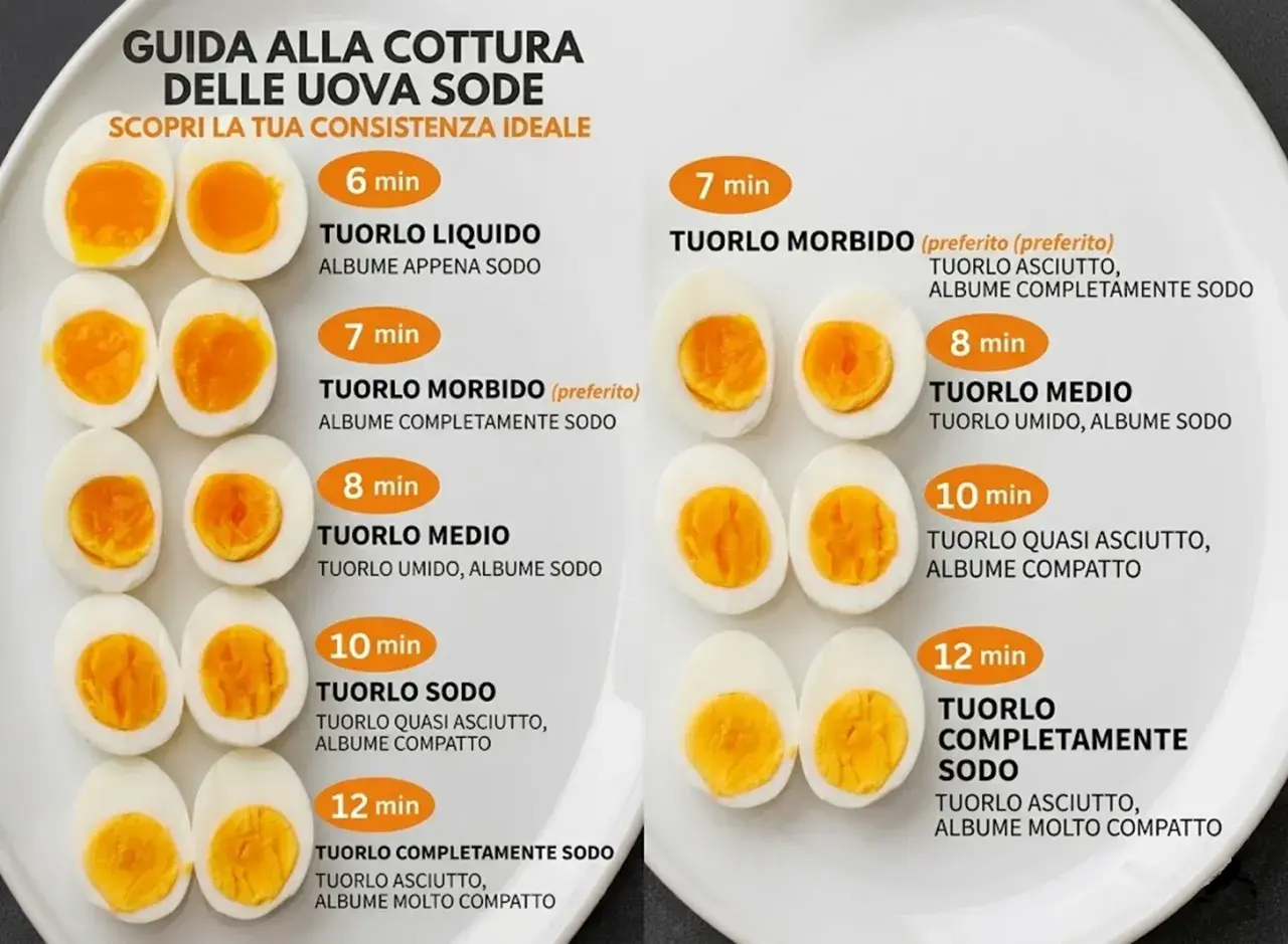 Guida su come cucinare le uova sode: mostra diverse cotture da 6 a 12 minuti, con tuorli liquidi, morbidi, medi o sodi.
