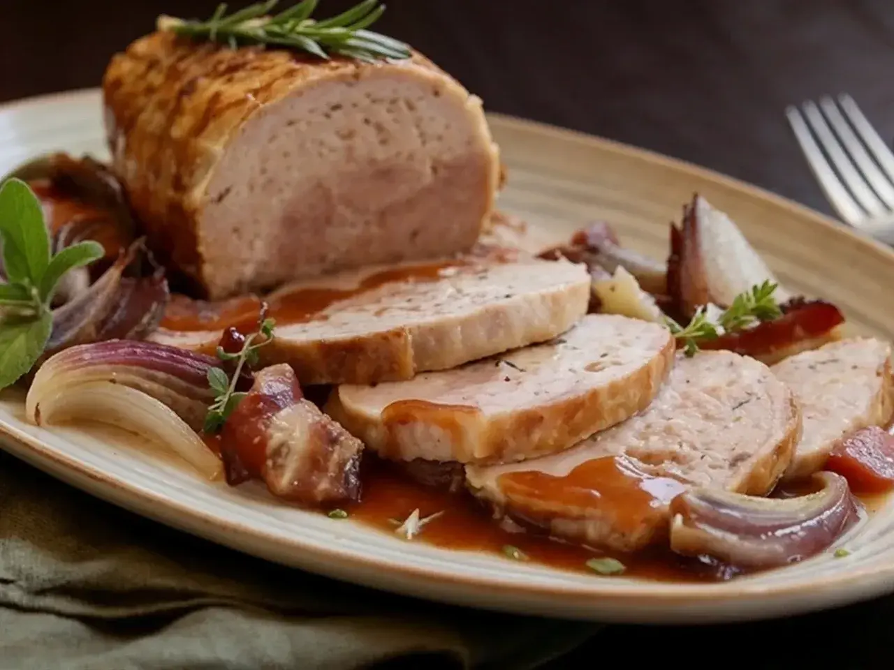 Un succulento arrosto di tacchino, affettato e nappato con salsa, servito con cipolle rosse caramellate e rosmarino.