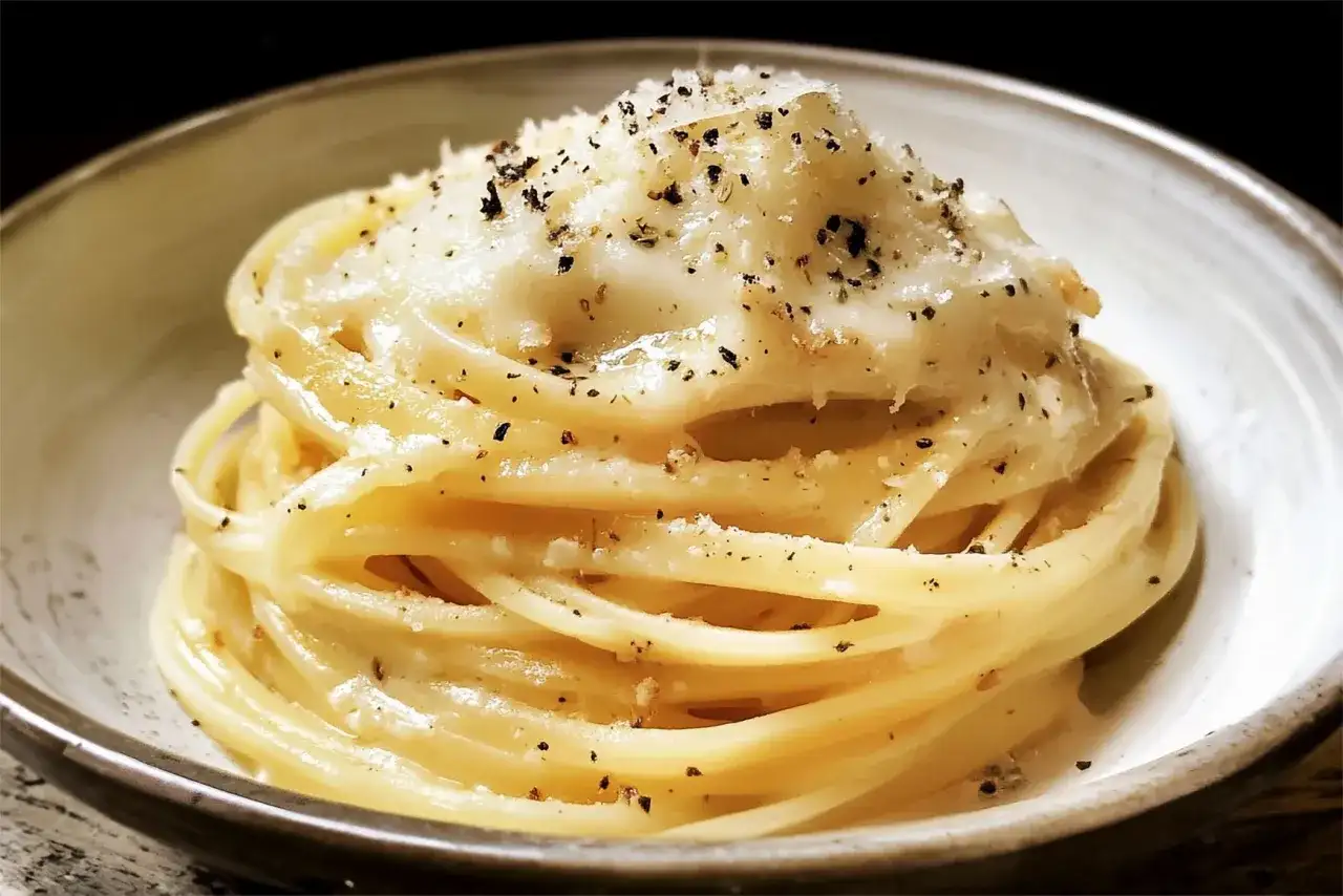 Un piatto di spaghetti fumanti, conditi con la cremosità del cacio e pepe e una generosa spolverata di pepe nero.
