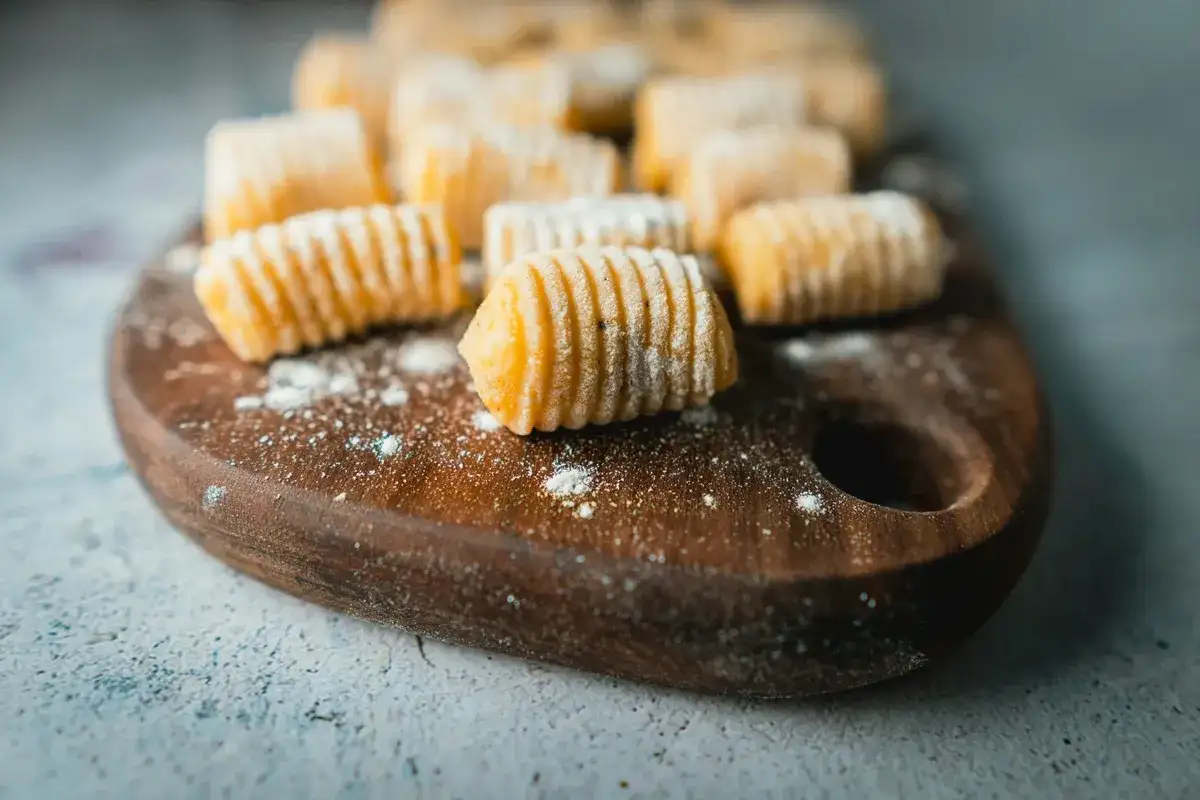Gnocchi di patate fatti in casa, pronti per essere cucinati, disposti su un tagliere di legno.