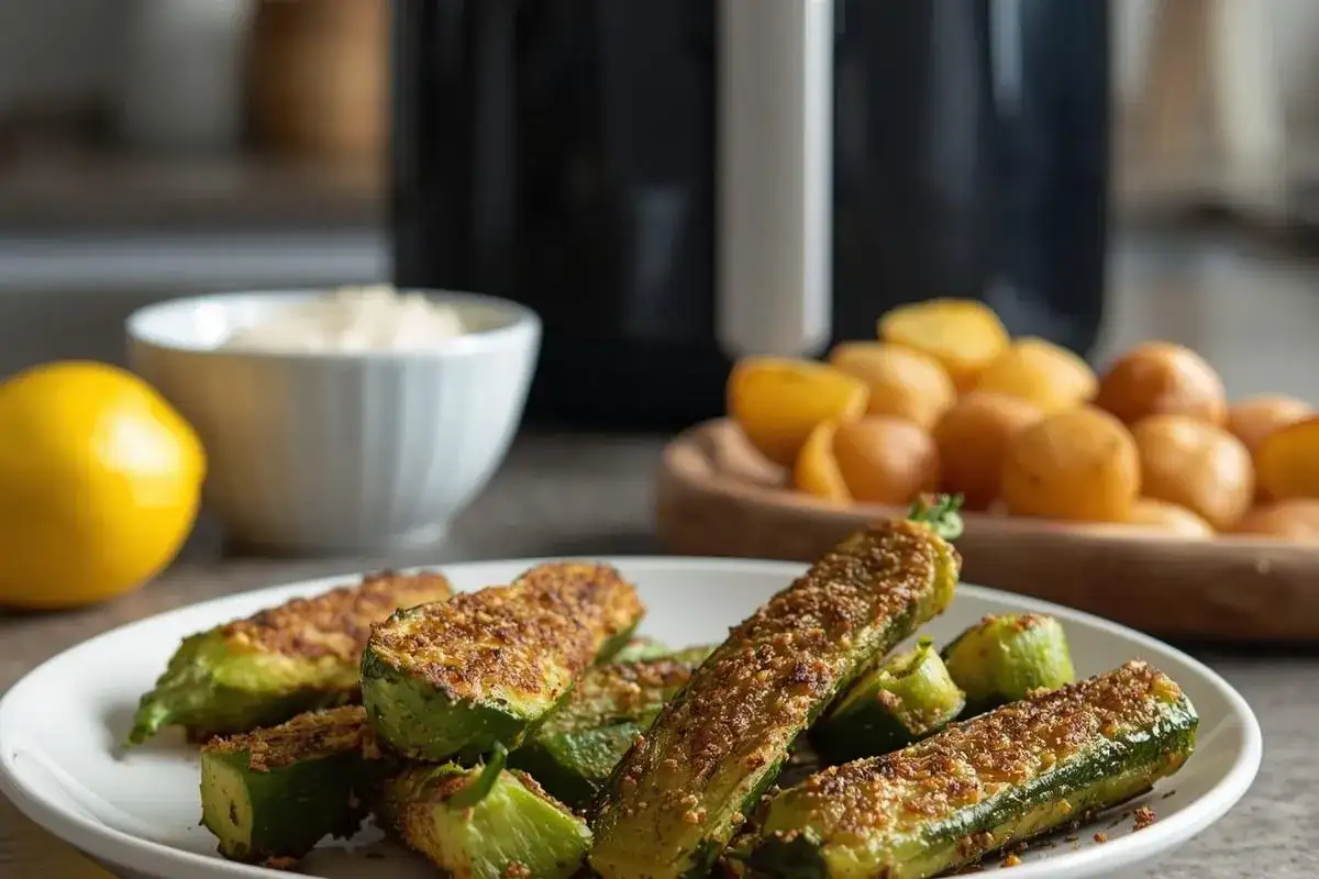 Zucchine croccanti in friggitrice ad aria, servite su un piatto bianco con limone e patate arrosto sullo sfondo.