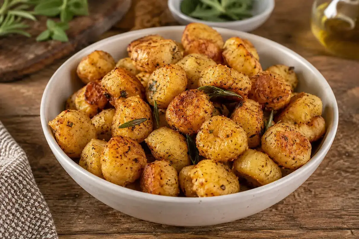 Gnocchi dorati e croccanti, cotti alla perfezione nella friggitrice ad aria, conditi con erbe aromatiche.