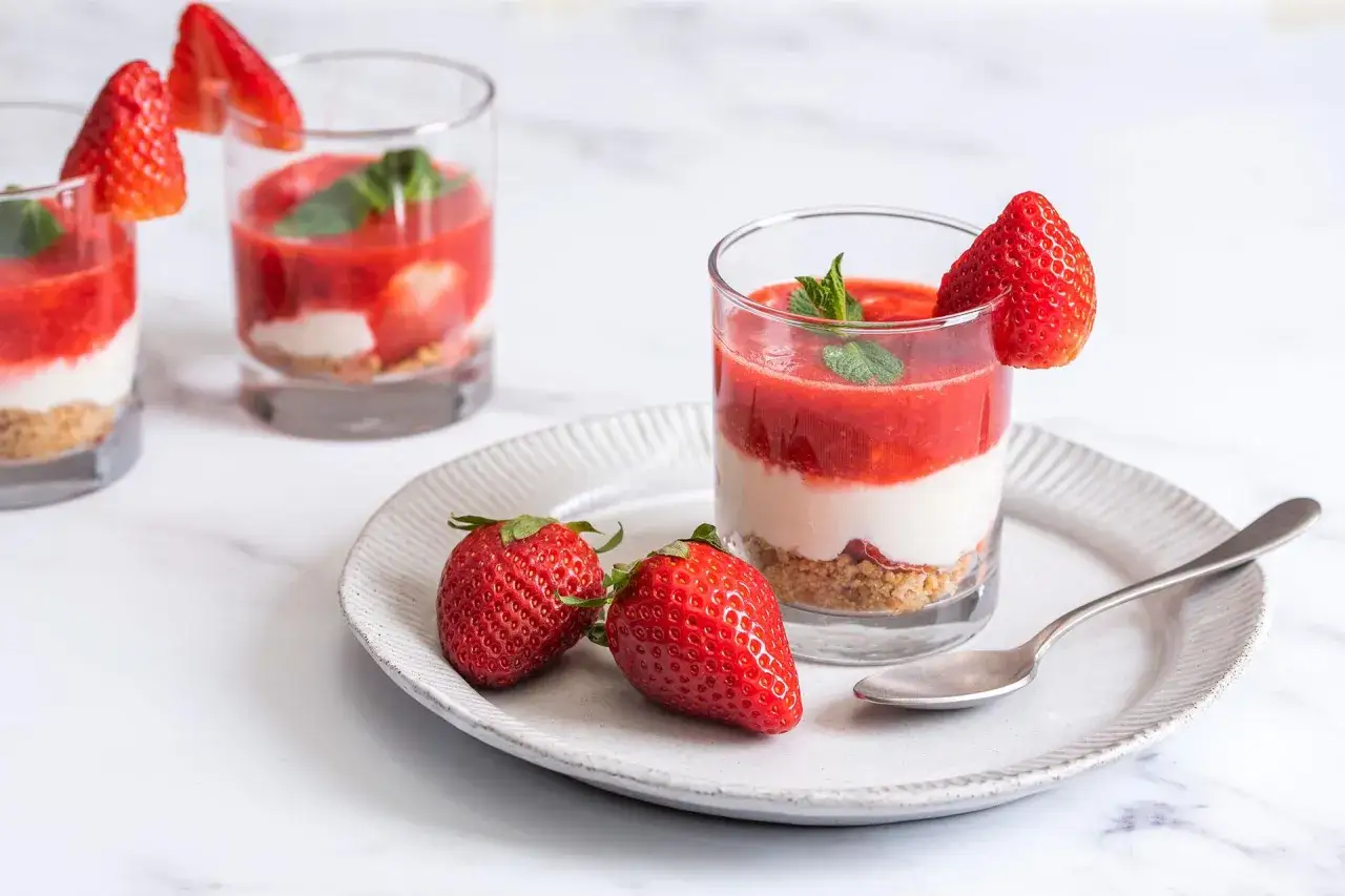 Deliziosa mousse di fragole a strati in bicchieri, guarnita con fragole fresche e menta. Perfetta per un dessert estivo.