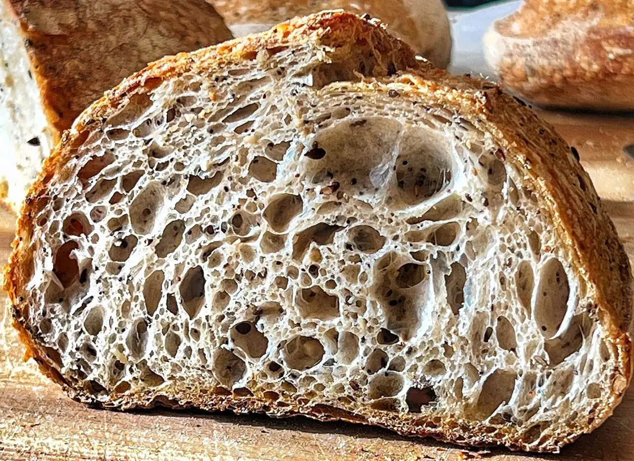Fetta di pane con lievito madre, alveolatura pronunciata e semi scuri nell'impasto. Crosta dorata e friabile.