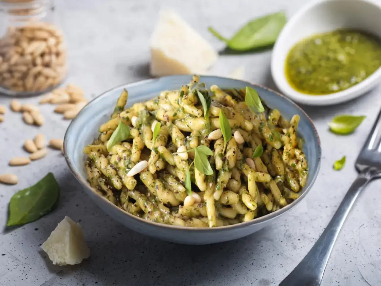 Piatto di trofie condite con un cremoso pesto alla genovese, guarnito con pinoli e basilico fresco.
