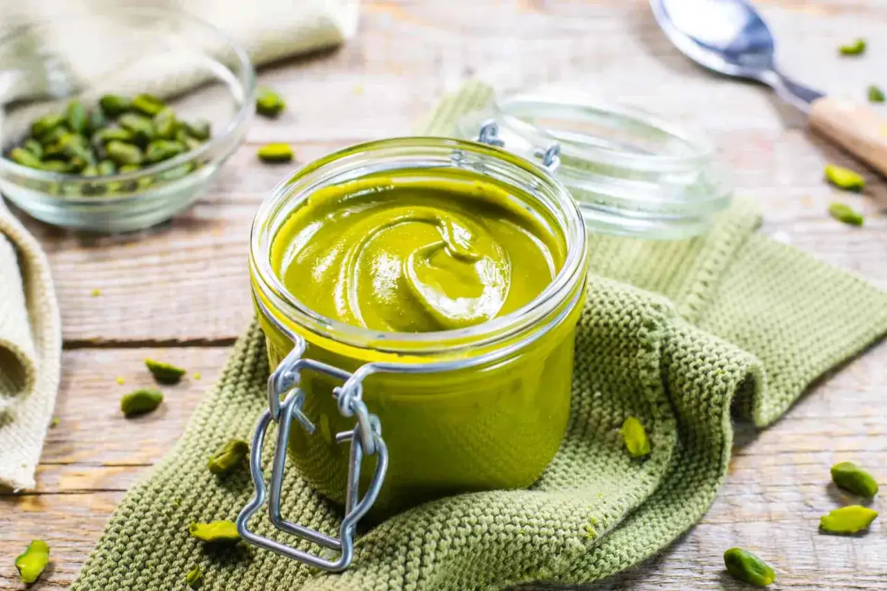 Barattolo di crema al pistacchio su un panno verde, con pistacchi sparsi sul tavolo di legno.