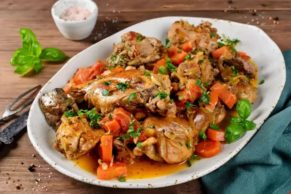 Un saporito coniglio in umido con carote e erbe aromatiche, servito su un piatto bianco.