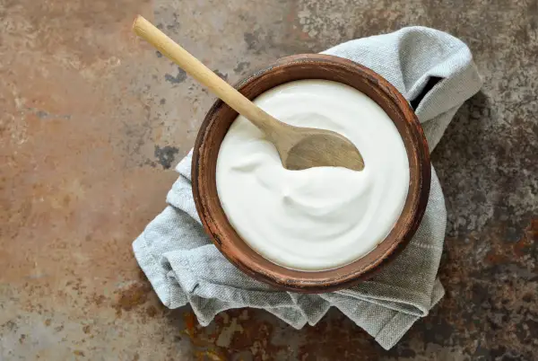 Ciotola di terracotta con cremoso yogurt fatto in casa, un cucchiaio di legno appoggiato sopra, su un tovagliolo grigio.