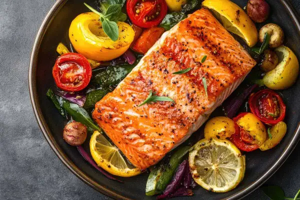 Succulento salmone in friggitrice ad aria, cotto alla perfezione, servito con verdure colorate e spicchi di limone.