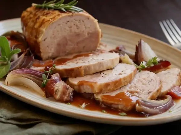 Un succulento arrosto di tacchino, affettato e nappato con salsa, servito con cipolle rosse caramellate e rosmarino.