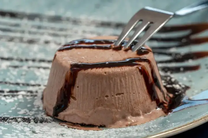 Un delizioso semifreddo al cioccolato, guarnito con sciroppo al cioccolato e spolverato di zucchero a velo, pronto per essere gustato con una forchetta.